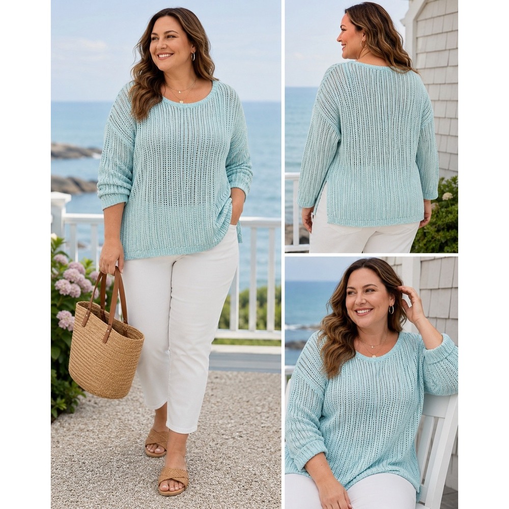 Talbots Marled Cotton Open Knit Sweater Plus 2X Blue White 3/4 Sleeve Pullover